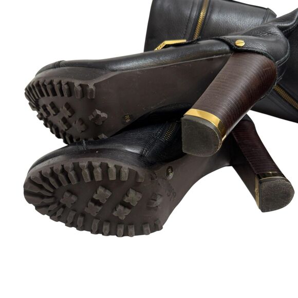 Tory Burch Boots Womens Size 9.5 Black Leather Tall Knee High Gold Buckle 1783 - Picture 5 of 9